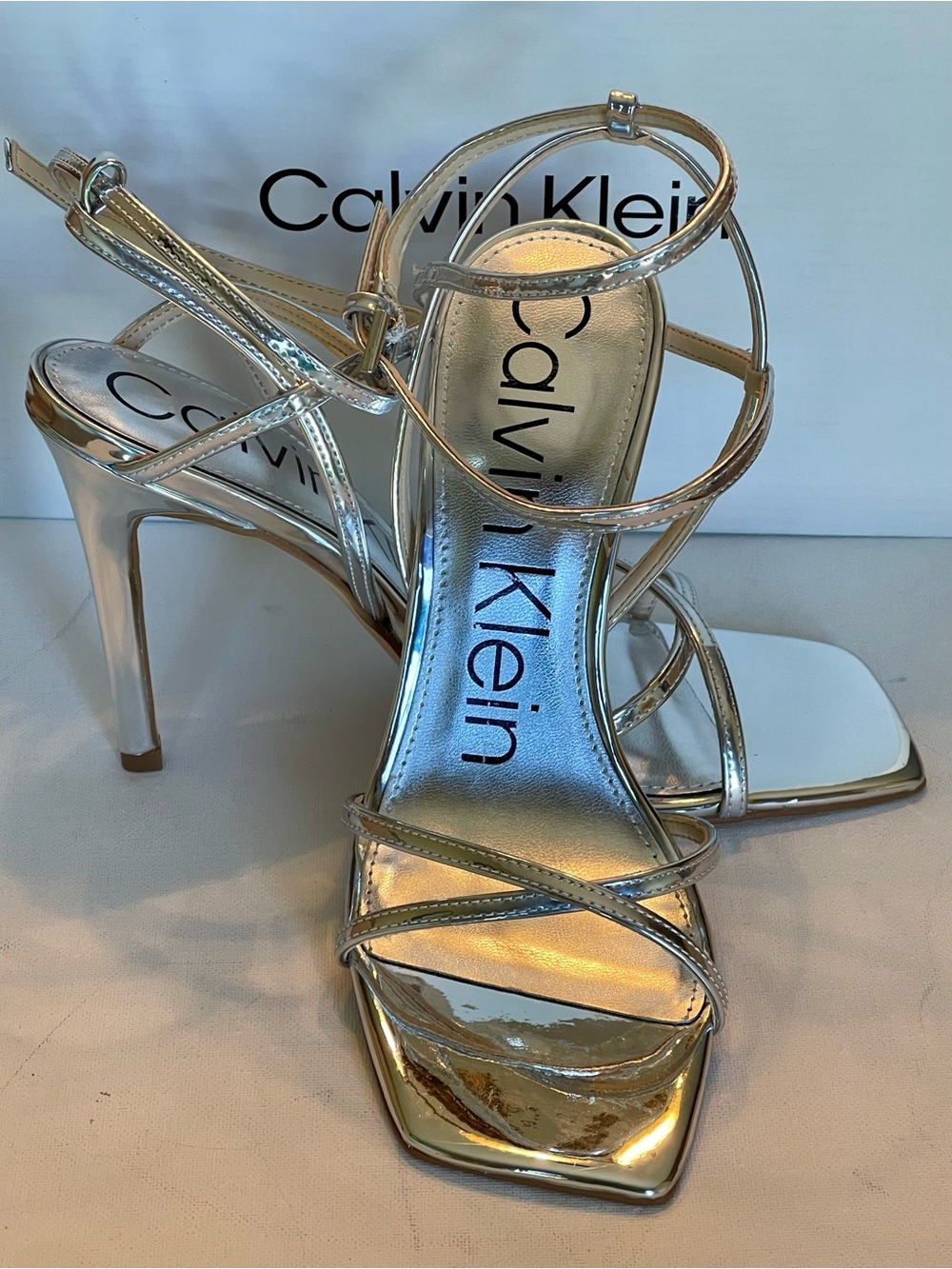 EUC CALVIN KLEIN TEGIN SILVER METALLIC STILETTO DRESS SANDAL SIZE 8M - Picture 7 of 15